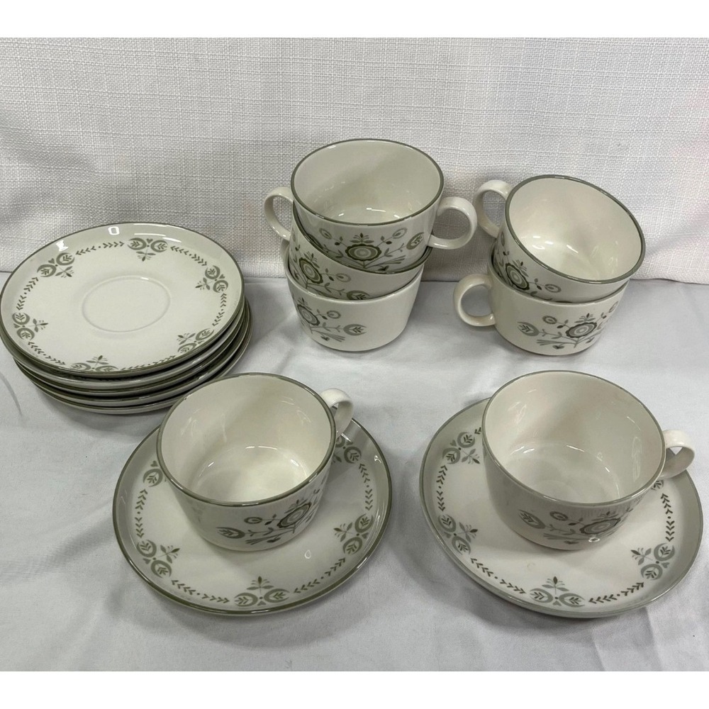 Franciscan Discovery Heritage Interpace Tea Cup Saucer Set 14pc Sage Green USA
